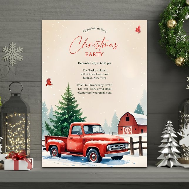 Convites Red Truck Snowy Barn Rustic Christmas Party (Personalized Rustic Christmas Party Invitation – Red Vintage Truck, Snowy Farm & Barn)