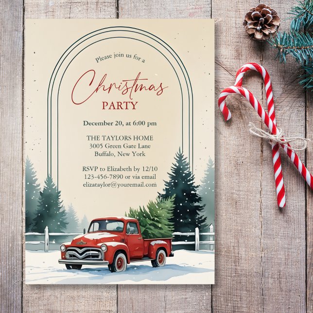 Convites Red Truck Snowy Pine Trees Rustic Christmas Party (Personalized Rustic Christmas Party Invitation – Red Vintage Truck, Snowy Pine Trees & Arch Frame)