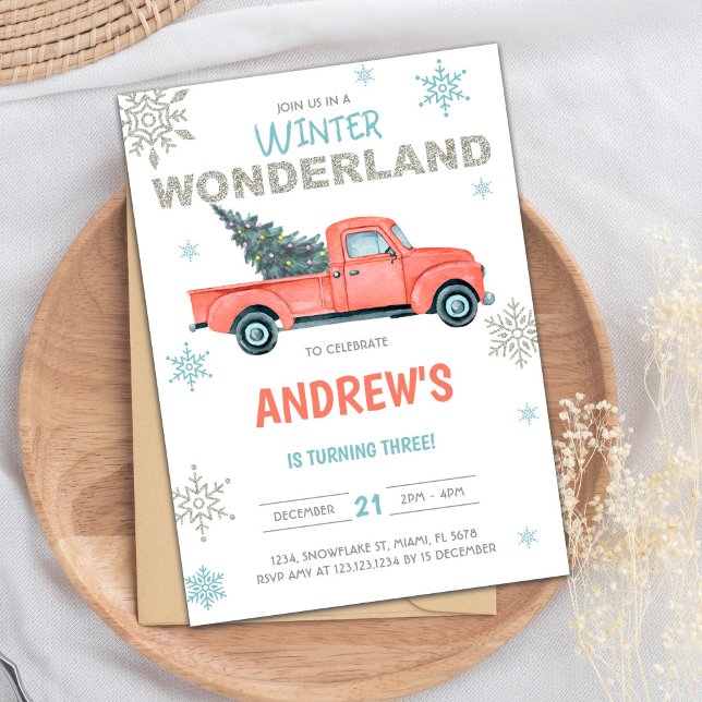 Convites Red Truck Wonderland Birthday Invances (Red Truck Wonderland Birthday Invitations)