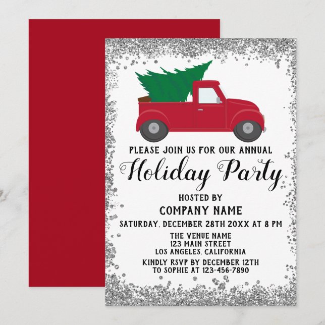 Convites Red Truck Xmas Tree Company Holiday Party Silver (Frente/Verso)