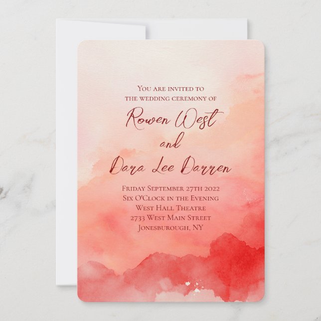 Convites Red Watercolor Ombre Painting Wedding (Frente)