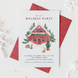 Convites Red Watercolor Winter Cottage Holidage Party (Fest<br><div class="desc">Convide a família e os amigos para a sua festa de Natal com este convite de festa de férias personalizável. Apresenta a cor d'água a cena de inverno de uma casota vermelha,  coelhos e árvores. Este convite para festas de cor d'água é totalmente personalizável. Personalize adicionando seus próprios detalhes.</div>