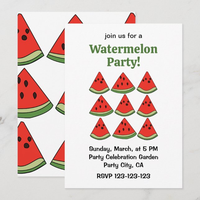 Convites Red Watermelon Slices Tropical Summer Party (Frente/Verso)