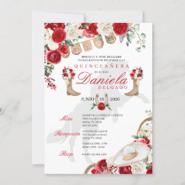 Convites Red Western Boots & Rosa Papel Picado Quinceañera