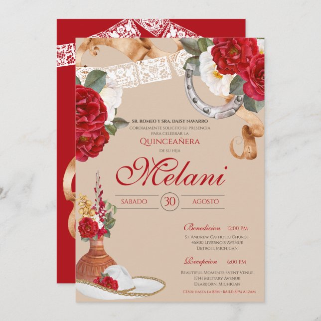 Convites Red Western Rosa Charro Ranchero Quinceanera (Frente/Verso)