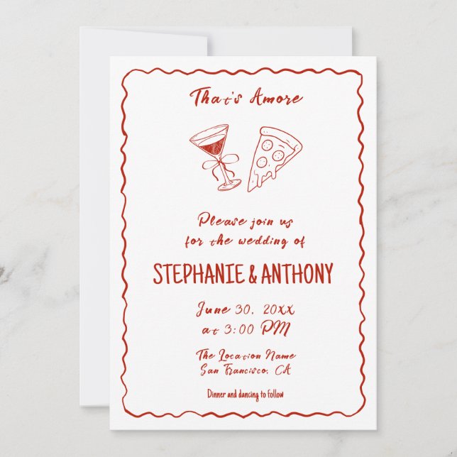 Convites Red Whimsical Pizza That's Amore Italian Wedding (Frente)