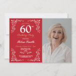 Convites Red White Birthday Womens Classy 60th Foto<br><div class="desc">O 60º convite da Elegante Vermelha Branca,  Mulheres de Aniversário Clássicas,  SIMPLESMENTE MUDA O TEXTO PARA CONHECER A SUA FESTA. Impressão traseiro incluído.</div>