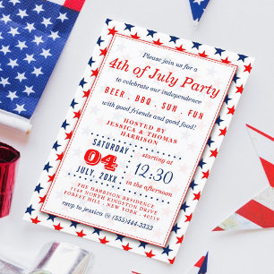Convites Red, White & Blue Stars 4º da Festa de julho