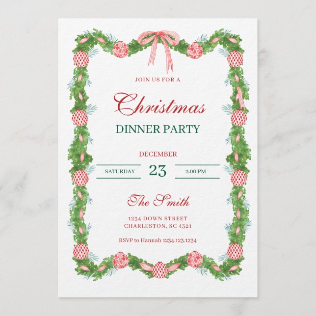 Convites Red & White Chinoiserie Garland Grandmillennial (Frente)