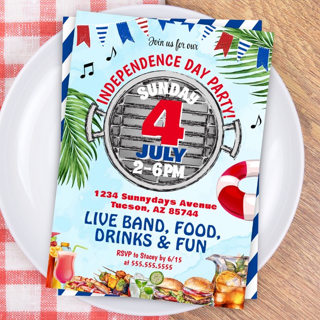 Convites Red White e Blue 4 de julho Piscina Party CHURRASC (Modern Patriotic Pool Party Barbeque Invitation for Independence Day, 4th of July or Memorial Day)