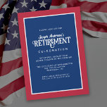 Convites Red White e Blue Simple Retirement Party<br><div class="desc">Um convite de festas clássico de aposentadoria que é simples e elegante, este design usa tipografia distintiva para soletrar a palavra - aposentadoria - emparelhada com simples serifa. As cores vermelha, branca e azul são as do fazer de Bandeira dos Estados Unidos. Esta é uma escolha excelente para funcionários federais...</div>