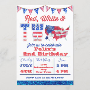 Convites Red White e Two American 4 de julho de aniversári