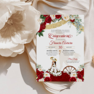 Convites Red White Floral Elegante Dourado Charro Quinceane