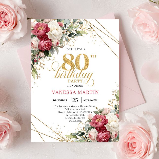 Convites Red white floral gold accent card 80th birthday  (Red white floral gold accent card 80th birthday invitation

)