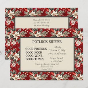 Convites Red White Poinsettia POTE de Natal LUCK Supper