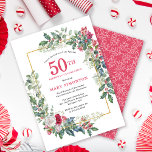 Convites Red White Rose Floral Holly 50th Festa de aniversá<br><div class="desc">Um quadro de férias delicado e festivo contém rosas vermelhos e brancos aninhados em folhas sagradas e de eucalipto. O nome e o ano de aniversário da celebrante são escritos em um bonito vermelho. Perfeito para uma festa de aniversário de inverno. Fácil de personalizar.</div>