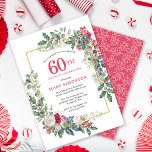 Convites Red White Rose Floral Holly 60ª Festa de aniversár<br><div class="desc">Um quadro de férias delicado e festivo contém rosas vermelhos e brancos aninhados em folhas sagradas e de eucalipto. O nome e o ano de aniversário da celebrante são escritos em um bonito vermelho. Perfeito para uma festa de aniversário de inverno. Fácil de personalizar.</div>