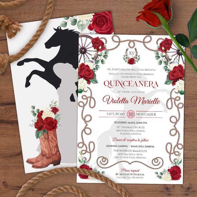 Convites Red White Rustic Western Charro Quinceanera (Criador carregado)
