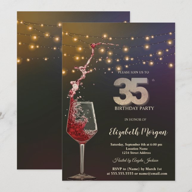 Convites Red Wine String Lights 35th Birthday Party (Frente/Verso)