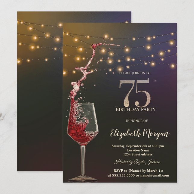 Convites Red Wine String Lights 75th Birthday Party (Frente/Verso)