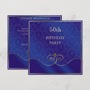 Convites Redemoinho Azul e Dourado Elegante, Damask 50º Ani