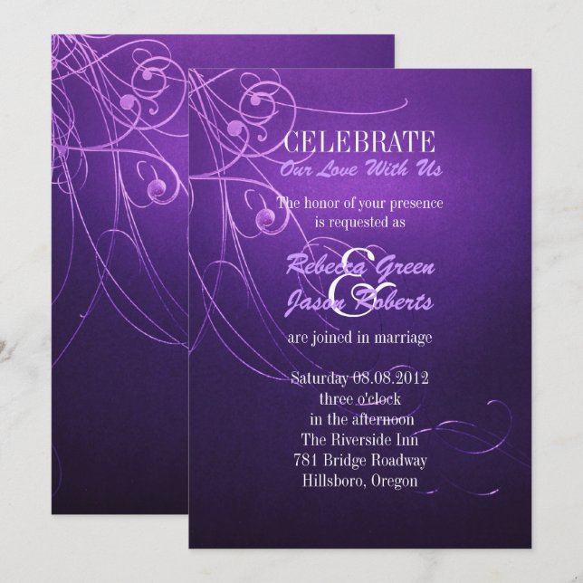 Convites redemoinho chique elegante moderno casamento roxo  (Frente/Verso)