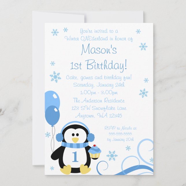 Convites Redemoinho de Cupcake de Pinguim Inverno Onederlan (Frente)