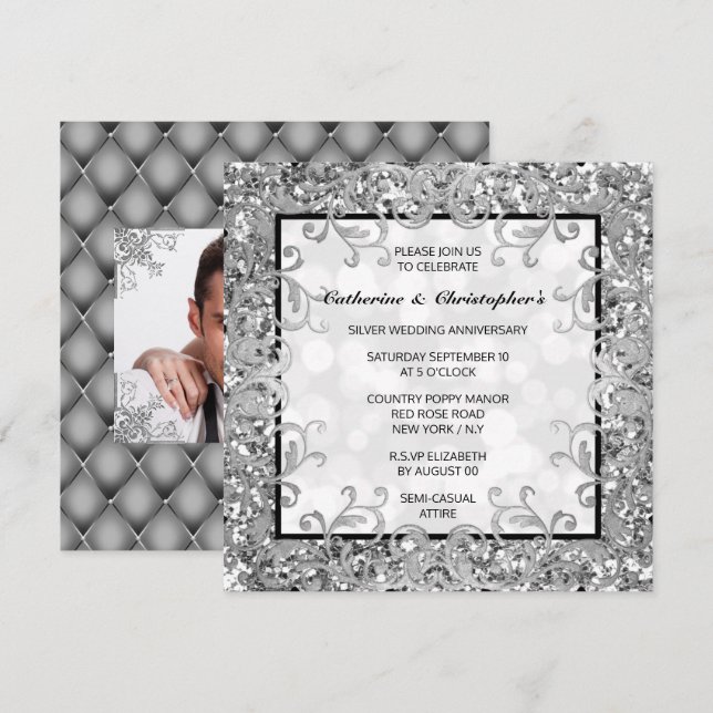 Convites Redemoinho floral prateado brilho quadrafólio DIY  (Frente/Verso)