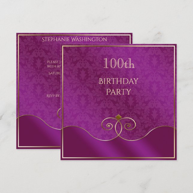 Convites Redemoinhos Roxos e Dourados Elegantes, Damask 100 (Frente/Verso)
