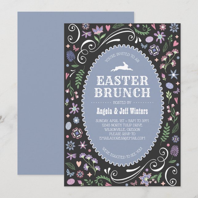 Convites Refeição matinal da páscoa em floral violeta (Frente/Verso)