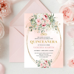 Convites Refinada Rosa Boho Flores Verde Dourado Quinceañer