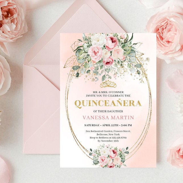 Convites Refinada Rosa Boho Flores Verde Dourado Quinceañer (Refined Blush Roses Greenery Gold Quinceañera Invite)