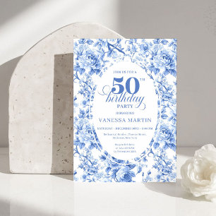 Convites Refinado Azul Real Toile de Jouy Floral 50 Anivers