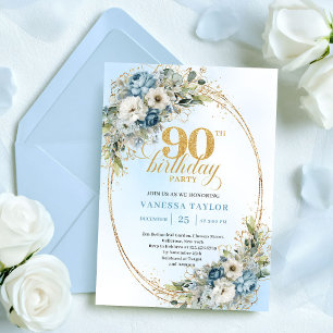 Convites Refinado Boho Poeira Azul Eucalipto 90º Aniversári