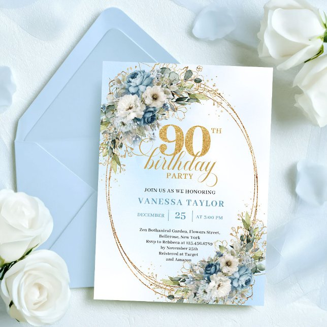 Convites Refinado Boho Poeira Azul Eucalipto 90º Aniversári (Refined Boho Dusty Blue Eucalyptus 90th Birthday)