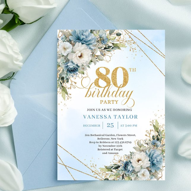 Convites Refined 80th Birthday Invitation Boho Blue White  (Refined 80th Birthday Invitation Boho Blue White Florals)