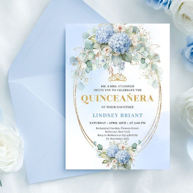 Convites Refined Blue Flowers Gold Quinceañera Invitation (Refined Blue Flowers Gold Quinceañera Invitation)