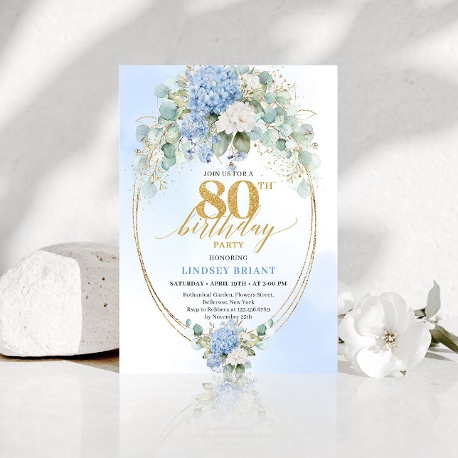 Convites Refined Blue Hydrangea Gold Floral 80th Birthday   (Refined Blue Hydrangea Gold Floral 80th Birthday Invite)