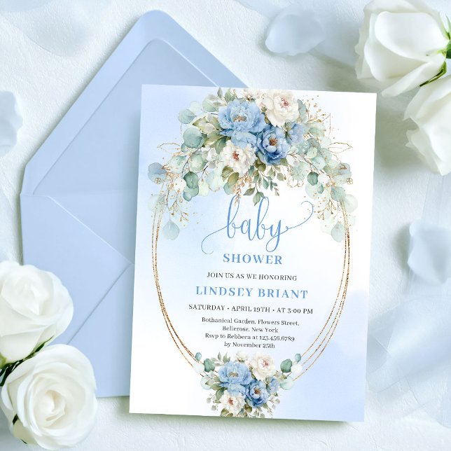 Convites Refined Blue Peony Floral Eucalyptus Baby Shower  (Refined Blue Peony Floral Eucalyptus Baby Shower Invite)