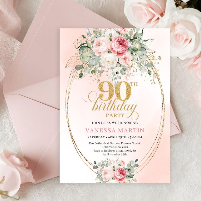 Convites Refined Blush Roses Gold Minimal 90th Birthday  (Modern Bohemian Blush Floral 90th Birthday Invitation)