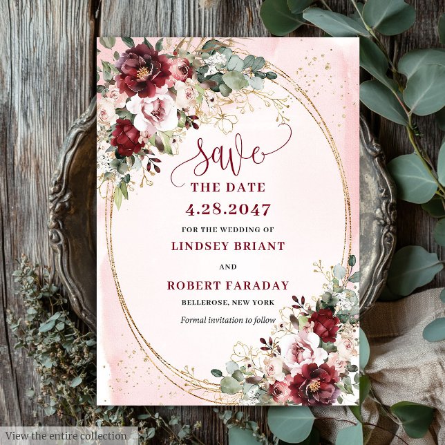 Convites Refined Boho Maroon Blush Gold Floral Save Date (Refined Boho Maroon Blush Gold Floral Save Date)