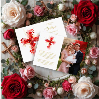 Convites Refined Botanical Cross in Red Tones Photo Baptism
