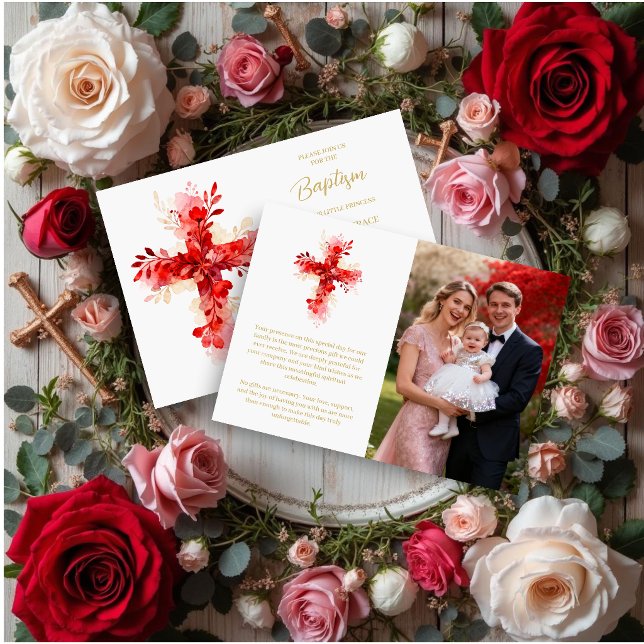 Convites Refined Botanical Cross in Red Tones Photo Baptism (Refined Botanical Cross in Red Tones Baptism Invitation Card Designs with Back Photo Family. )
