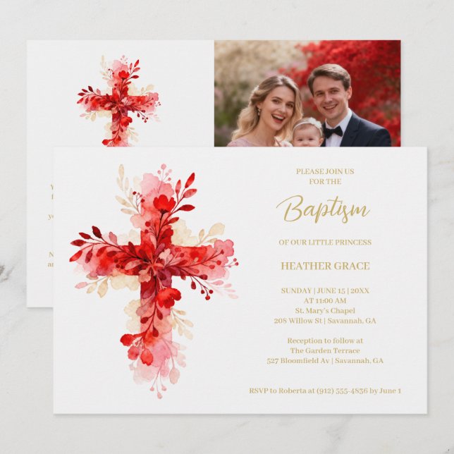 Convites Refined Botanical Cross in Red Tones Photo Baptism (Frente/Verso)