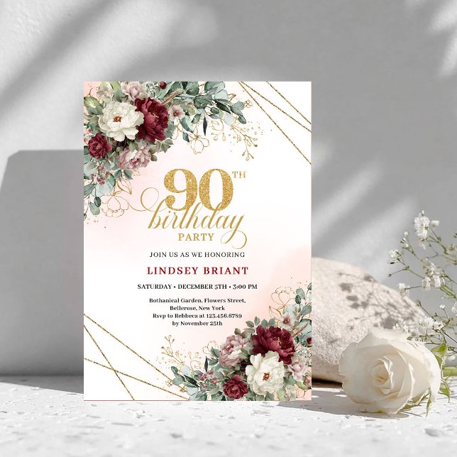 Convites Refined Burgundy Flowers Eucalyptus 90th Birthday (Refined Burgundy Flowers Eucalyptus 90th Birthday)