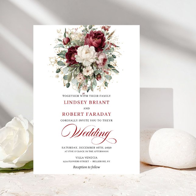 Convites Refined Burgundy White Floral Wedding Invitation (Refined Burgundy White Floral Wedding Invitation)