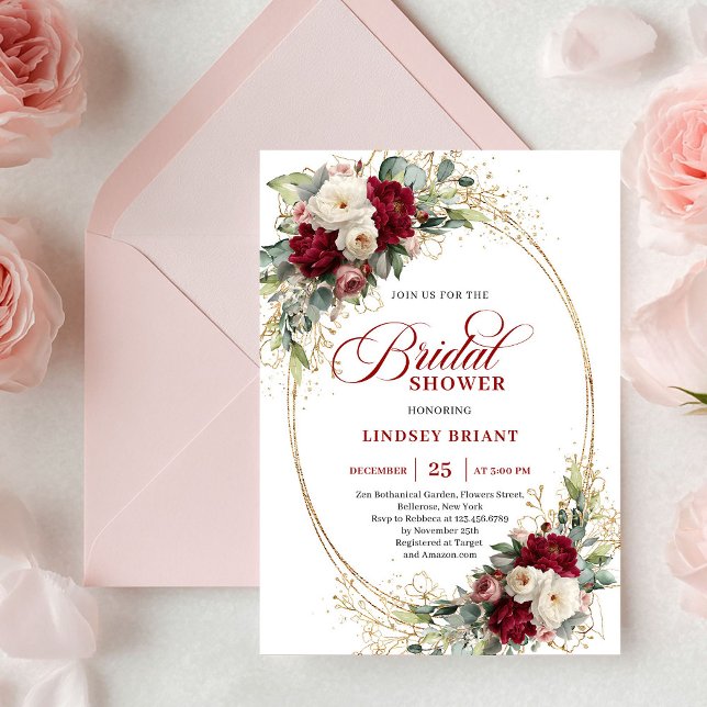 Convites Refined Deep Red Floral Gold Bridal Shower Invite (Refined Deep Red Floral Gold Bridal Shower Invite)