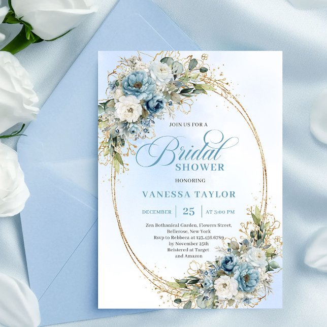Convites Refined Dusty Blue Gold Frame Bridal Shower Invite (Refined Dusty Blue Gold Frame Bridal Shower Invitation)
