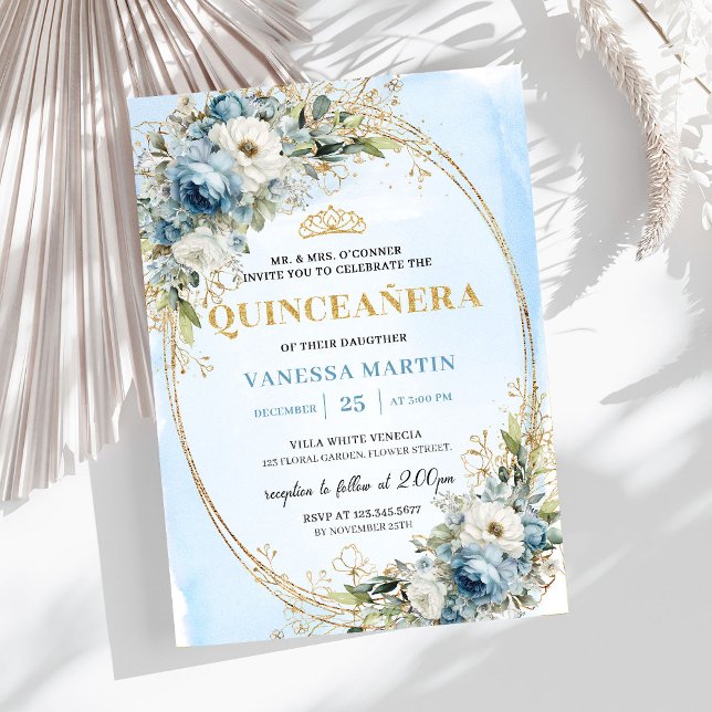 Convites Refined Dusty Blue Gold Greenery Quince 15 (Refined Dusty Blue Gold Greenery Quince 15)