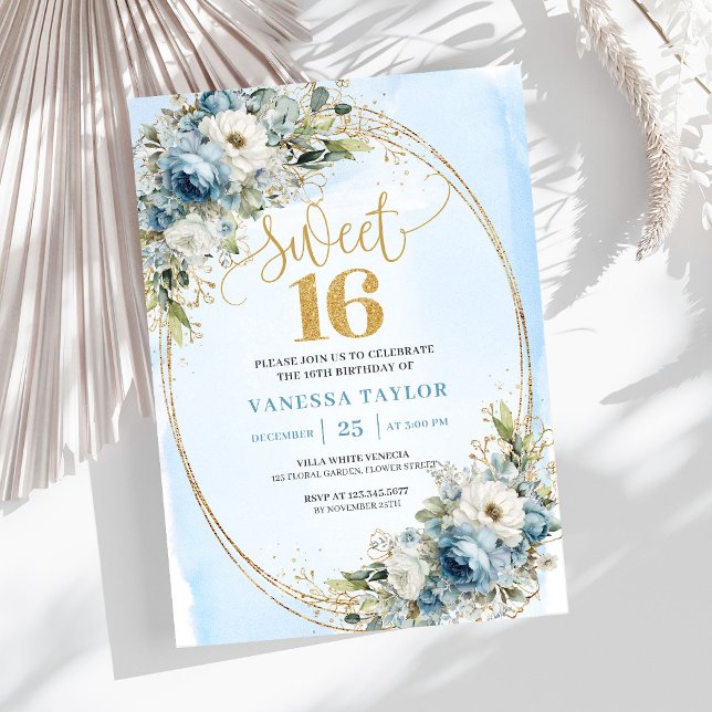 Convites Refined Dusty Blue Greenery Sweet Sixteen (Refined Dusty Blue Greenery Sweet Sixteen Invitation)
